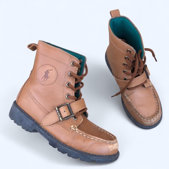 POLO RALPH LAUREN Real Leather Chukka Combat Kids Ranger Hi Boots Brown Lace Up